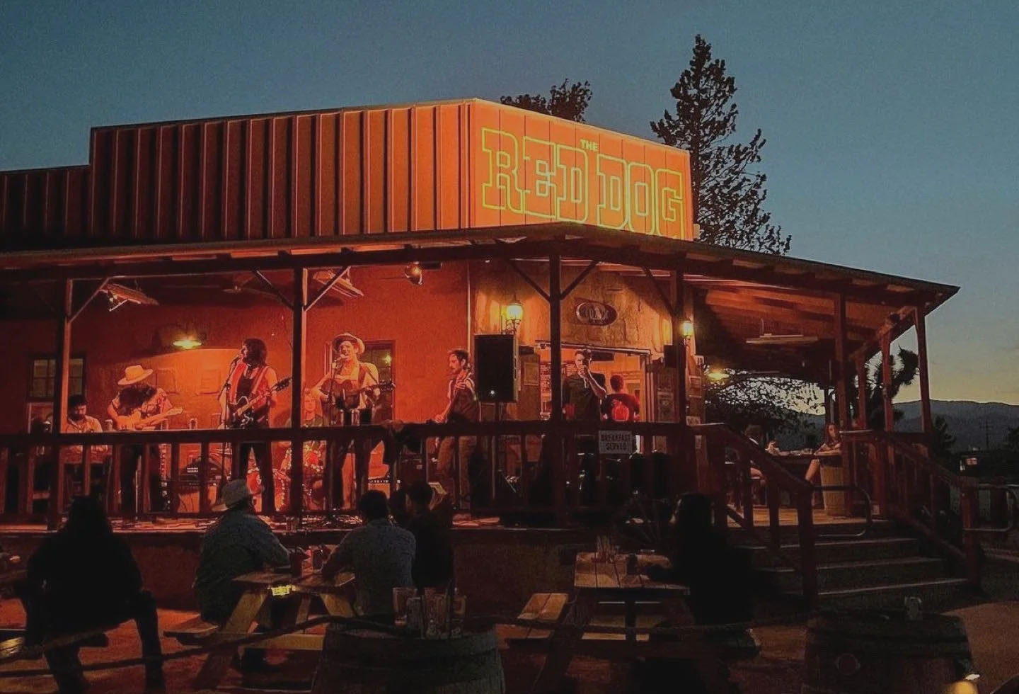 Red Dog Saloon in Pioneer Town outside at night photo