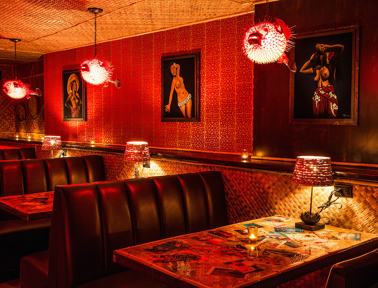 Bootlegger Tiki bar in Palm Springs full inside view of seating.