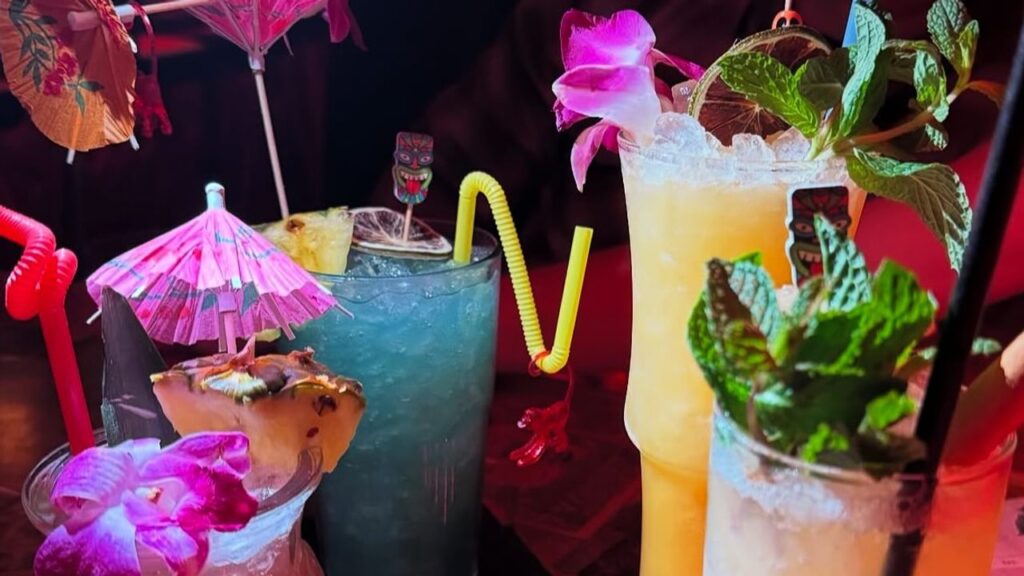 Bootlegger Tiki bar in Palm Springs full inside view tiki cocktails.