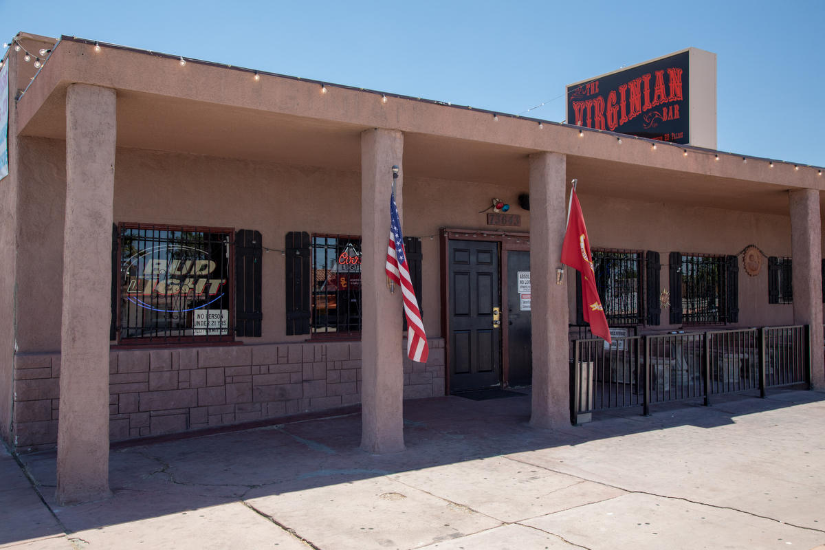 The Virginian Bar in Twentynine Palms, Califonia is located on the corner of 29 Palms Highway and Cholla Avenue. Exterior photo.
